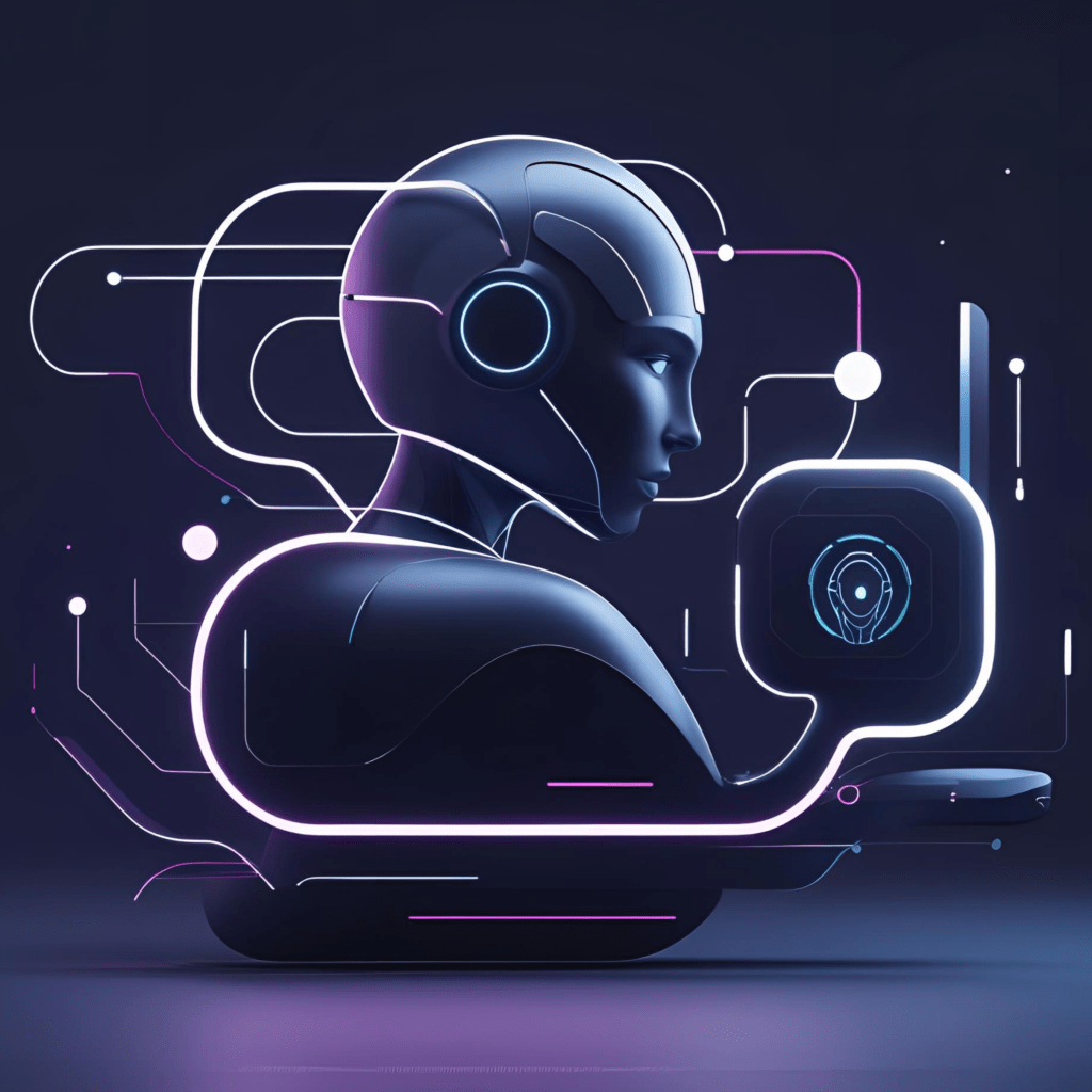 Immagine AI di un assistente virtuale con sembianze umane e nuvoletta della chat, a simboleggiare interazione digitale.