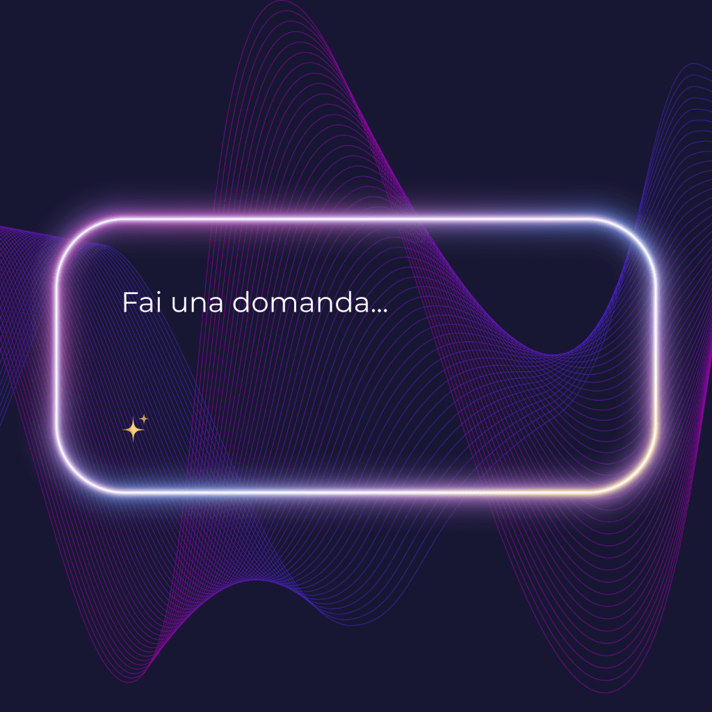Grafica che simula una chat con assistente virtuale, mostrando il messaggio “Fai una domanda” per invitare l’utente a interagire.