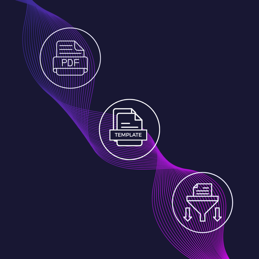 Grafica che mostra una soluzione Systema che gestisce file PDF, crea template e estrae informazioni dai documenti.